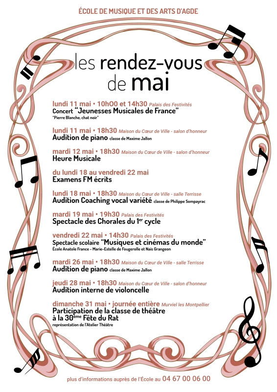 Les rendez-vous du mois de mai de l'école de musique et des arts d'Agde